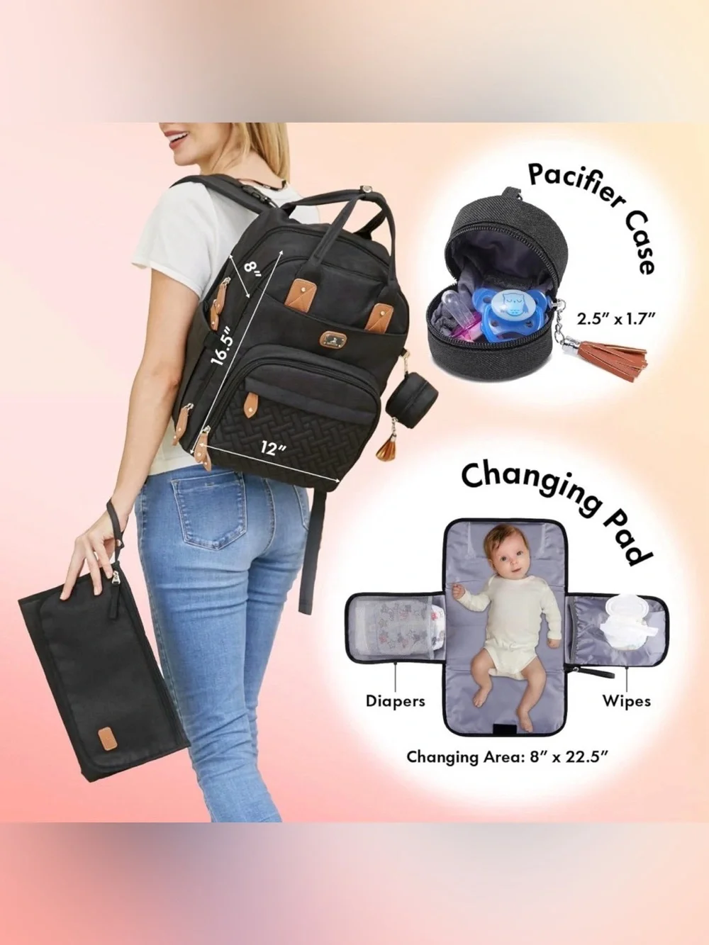Large Diaper Backpack with Changing Pad & Accessories — Brand New